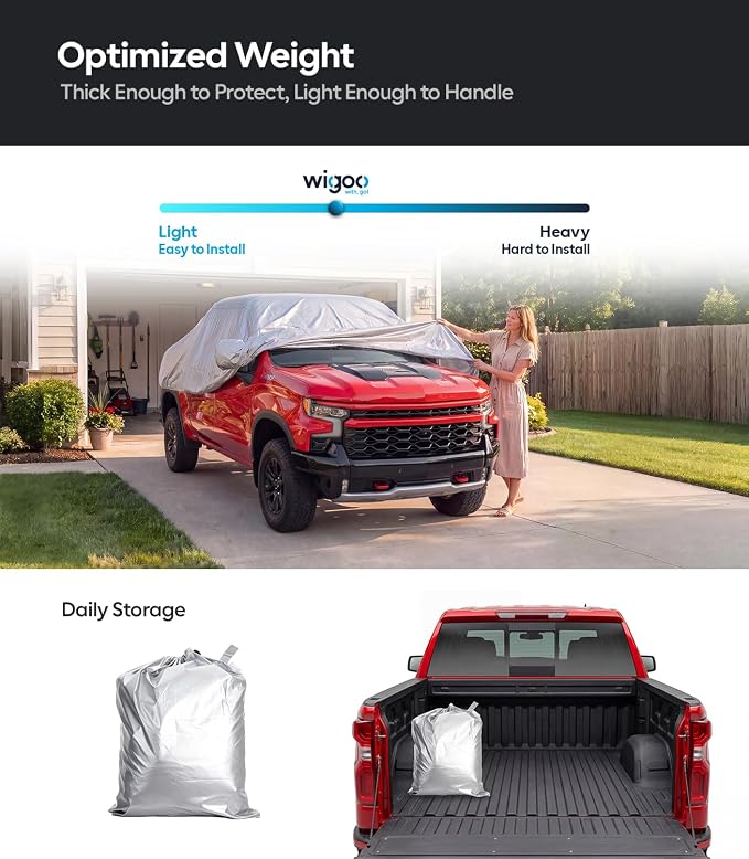 Wigoo Chevrolet Silverado 1500 Truck Car Cover Accessories 2019-2026, Custom Fit Waterproof All Weather Outdoor Full Pickup Cover, Windproof UV Rain Dust Protection, Door Zipper, Breathable Design