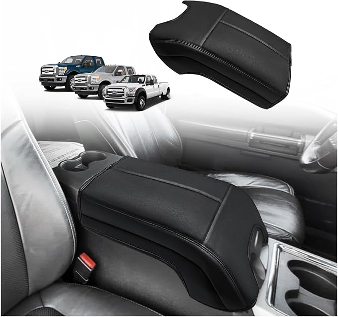 Muslogy Center Console Armrest Cover Fit for Ford F250 F350 F450 2011-2016 Super Duty Accessories, Comfort Armrest Pad Console Lid Cushion Vegan Leather Regular Thick(Bucket Seat ONLY)