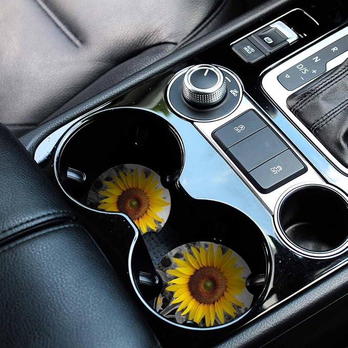 Bright Sunflower Car Cup Holder Coaster 2 Pack Absorbent Ceramic Car Coasters for Cup Holders Car Accessories Interior for Women Men Universal Anti Slip Cork Base Cup Coasters with Finger Notch