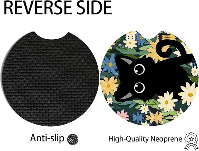 2pcs Cute Black Cat Car Coasters,Absorbent Universal neoprener Cup Holder Coasters with a Finger Notch,Car Accessories for Women&Man Interior，2.75" 2