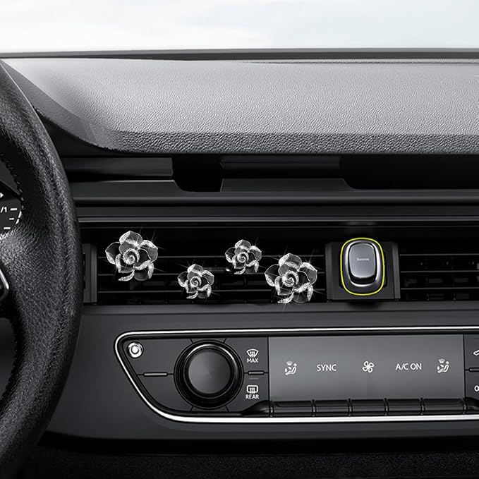 Osilly Bling Car Air Vent Clips, 4PCS/2Set Flower Rhinestone Vehicle Air Outlet Clamp, Sparkly Diamond Automotive Interior Vent Clip Charm Decor Accessories, Universal for SUV Truck RV (Black)