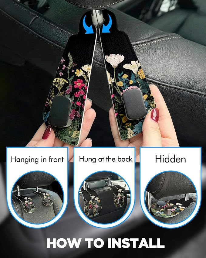 WOCOCN Purse Holder for Car, 2 Pack Heavy Duty Purse Hanger for Car, PU Leather Car Seat Hooks for Purses and Bags, Cute Floral Headrest Organizer for Handbags & Backpacks