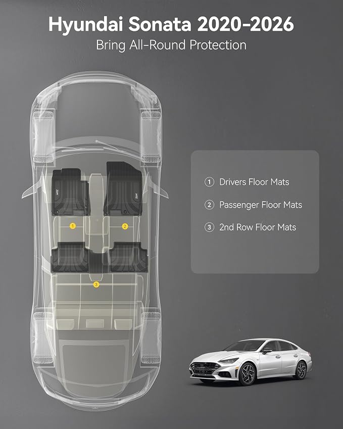 3W Floor Mats Fit Hyundai Sonata 2020-2026 (NOT for Hybrid)/Kia K5 2021-2025(Only for FWD Models) All Weather TPE Custom Fit Heavy Duty Waterproof Floor Liner Car Mats for 1st and 2nd Rows, Black