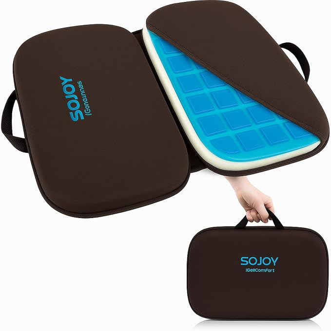 Sojoy 3-in-1 Foldable Gel Seat Cushion with Memory Foam Ergonomic Portable Cushion for Back Pain & Tailbone Relief - Perfect for Office Chair, Airplane Travel & Stadium Seats (18.5" x 15" x 2" Brown)