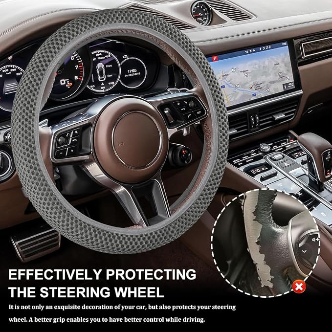 Breathable Elastic Steering Wheel Cover,15 Inch Stretch Steering Wheel Protector,Microfiber Ice Silk Anti-Slip Car Wheel Cover,Odorless Comfort Grip Interior Accessory for Cars SUV Truck（Grey）