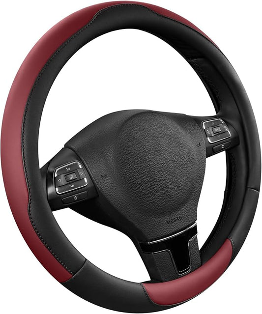 Road Comforts Steering Wheel Cover, Breathable Anti-Slip Leather Steering Wheel Cover, Universal Fit 14.5–15 Inch, Comfortable Grip - Redwine Color