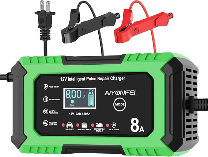 12V Battery Charger 8-Amp Smart Trickle Charger, Green | Battery Maintainer and Desulfator, Temperature Compensation, for Car, Truck, SUV, Motorcycle, Boat, Lead Acid, LiFePO4