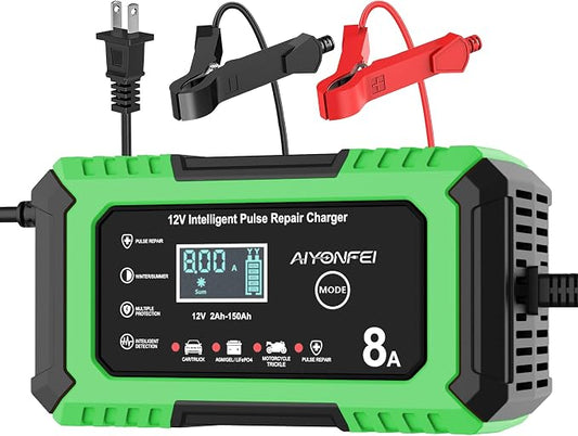 12V Battery Charger 8-Amp Smart Trickle Charger, Green | Battery Maintainer and Desulfator, Temperature Compensation, for Car, Truck, SUV, Motorcycle, Boat, Lead Acid, LiFePO4