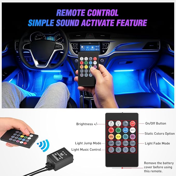 Nilight 48 LEDs DC 5V Multicolor Music Car Strip Light Under Dash Lighting Kit with Sound Active Function and Wireless Remote Control, 2 Years Warranty, 4PCS USB Interior Lights