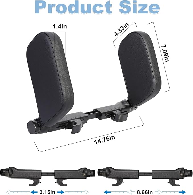 Car Headrest Pillow, Adjustable Head Rest Pillow for Car Seat, Head Neck Support for Kids Adults Travel Sleeping, Fit for Headrest with Poles (Black)