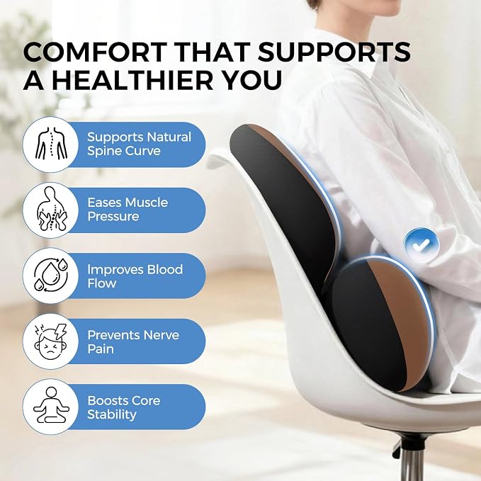 BEBAS Ergonomic Memory Foam Lumbar Support Pillow for Car, Coffee | Zoned Pressure Relief for Back Support, Lumbar Cushion with Fixed Ring, Breathable Washable Cover, Fits for Driving & Office