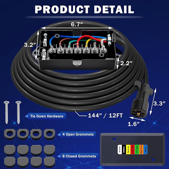 CheeMuii 12 FT 7 Way Trailer Wiring Harness Kit with 12V Breakaway Switch Heavy Duty 7 Way Trailer Cord with 7 Pin Trailer Plug and 7 Gang Trailer Junction Box