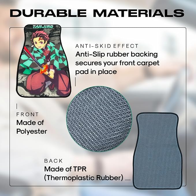 Anime Car Carpet Mat Set of 2 Front, Green Tanjrosword Design Automotive Accessories Interior All Weather Floor Mats Decor with Non Slip Black Anti Skid Backing