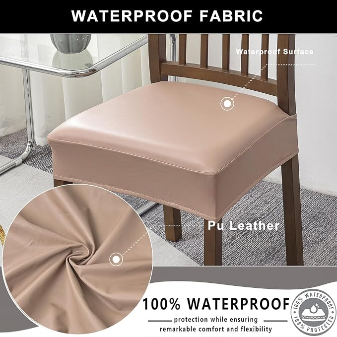 NILUOH Waterproof Seat Covers for Dining Room Chairs Set of 8, Pu Leather Chair Seat Slipcovers Dining Chair Cover Removable Washable Chair Protctor Cover, Rear Covers (PU-Khaki)