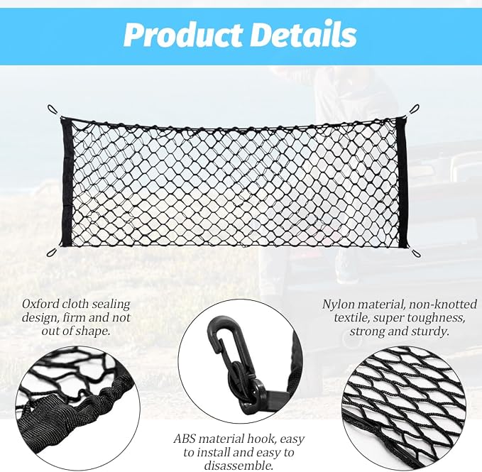 Car Rear Cargo Net, Adjustable Elastic Vehicle Double-Layer Mesh Storage Bag with Hooks, Stretchable Automotive Trunk Organizer Net, Universal for Sedan, RV, Truck (43.4" x 15.74")