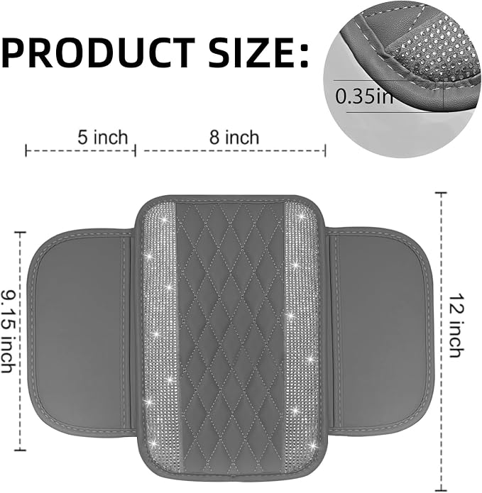 NBTEPEM Bling Grey Car Center Console Cover, Leather Car Arm Rest Cover with 2 Storage Bags, Universal Auto Armrest Protector Storage Box, Bling Accessories Interior for Most Vehicles