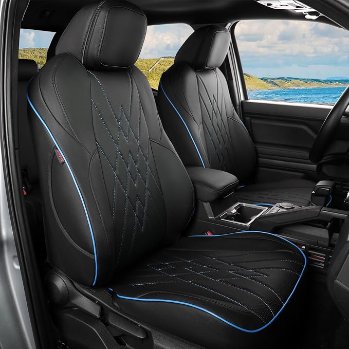 EKR Tacoma Seat Covers Custom Fit for Toyota Tacoma (Only For Hybrid)2024 2025 2026 Double cab TRD Sport/TRD Off-Road/Limited/Trailhunter -Truck Seat Cover Full Set,Faux Leather (Black with Blue Trim)
