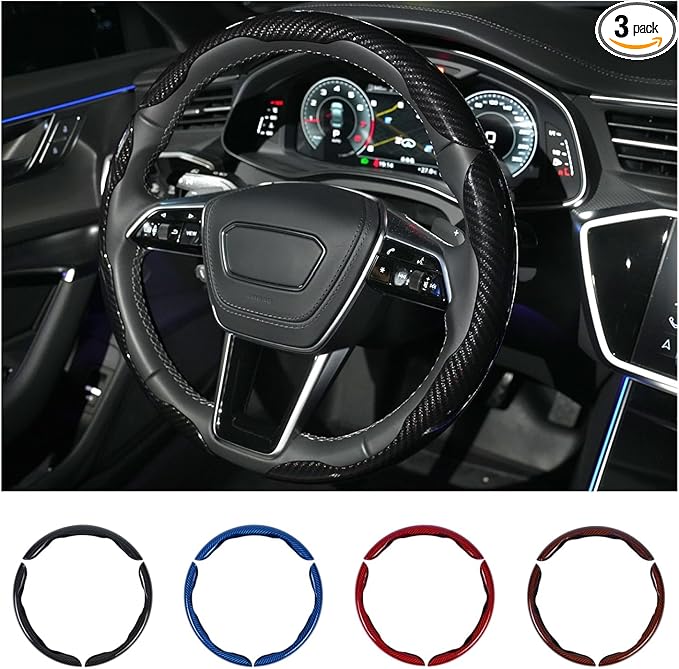 Hiseanllo Carbon Fiber Steering Wheel Cover 3PCS Set – Anti-Slip, Scratch-Resistant, Universal Fit for 14–16 Inch Wheels – Interior Car Accessories for Cars, SUVs, Trucks (Black)