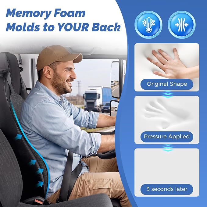 Dreamer Car Lumbar Support Pillow for Car – Memory Foam Whole Back Relief | Adjustable Straps, Washable Cover, Anti-Slip – Daily Commute & Long Trips – 16.9"x20.9"(2.4" Thin) – Trusted by Pro Drivers