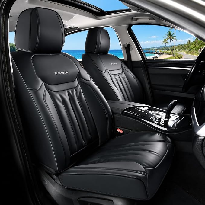 Coverado Car Seat Covers, Seat Covers for Cars 5 Seats, Waterproof Nappa Leather Car Seat Protector Universal Fit for Most Sedans SUV Pick-ups Trucks,Full Set,Black