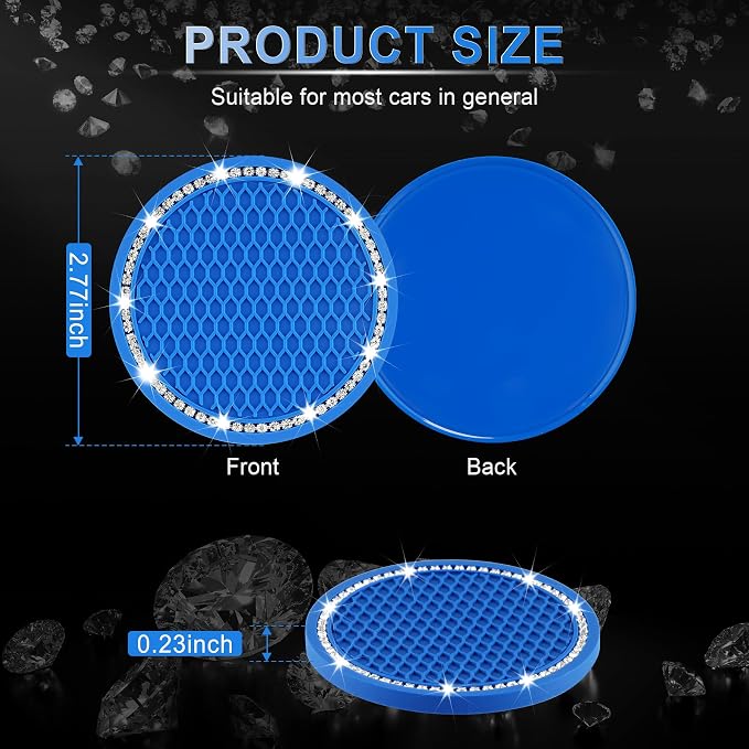 JUSTTOP Car Cup Holder Coaster, 2 Pack Universal Auto Anti Slip Cup Holder Insert Coaster, Bling Crystal Rhinestone Car Interior Accessories-Deep Blue