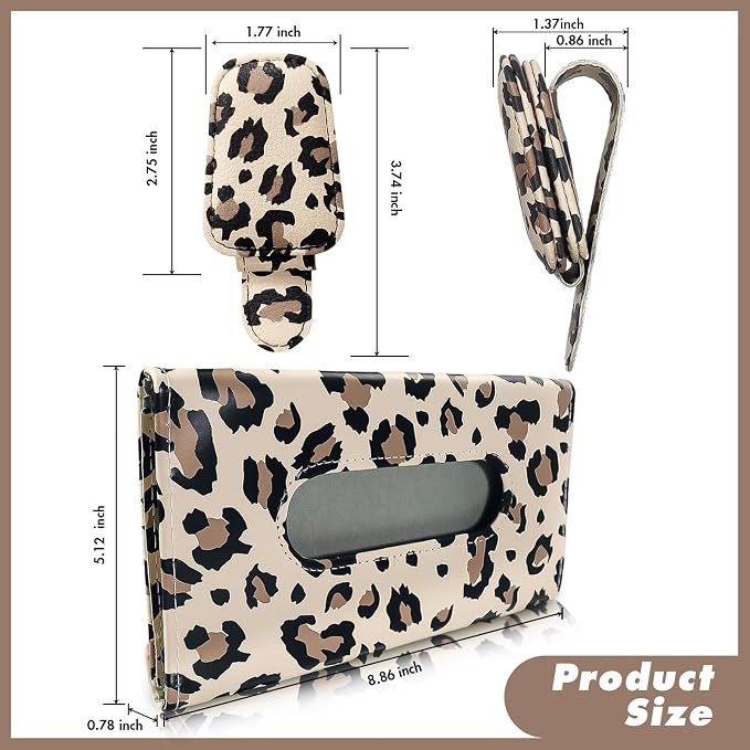 2 Pcs Sunglass Holder and 1Pcs Car Tissue Holder for Car,Magnetic Leather Sunglasses Holder Car Sun Visor Glasses Hanger Clip,Car Interior Accessories for Women(Light Brown Leopard Print)