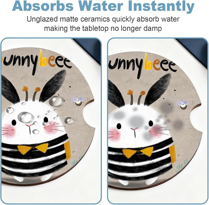 Car Cup Holder Coaster Set of 2, 2.56 in Ceramic Coasters, Scratch-Resistant Cork Backing, Finger Groove Design for Easy Placement, Cute Car Accessories Interior for Women (Striped Rabbit)