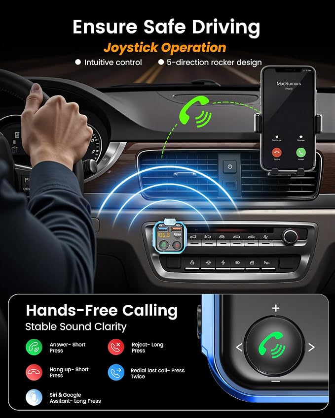 LENCENT FM Transmitter in-Car Adapter, Wireless Bluetooth 5.3 Radio Car Kit | Type-C PD 20W+ QC3.0 Fast USB Charger, Hands-Free Calling, MP3 Player Receiver Hi Fi Bass, Support U Disk