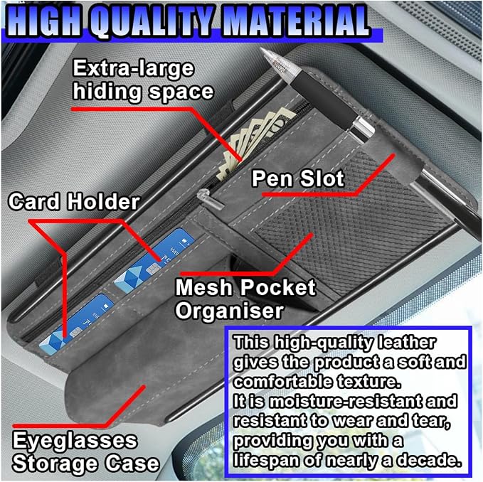 Car Sun Visor Organizer, Leather Multi-Pocket Glasses Card Holder with Zipper, Waterproof Scratch-Resistant Sunshade Storage Bag, Universal Auto Interior Accessory for Car/Truck/SUV (Grey)