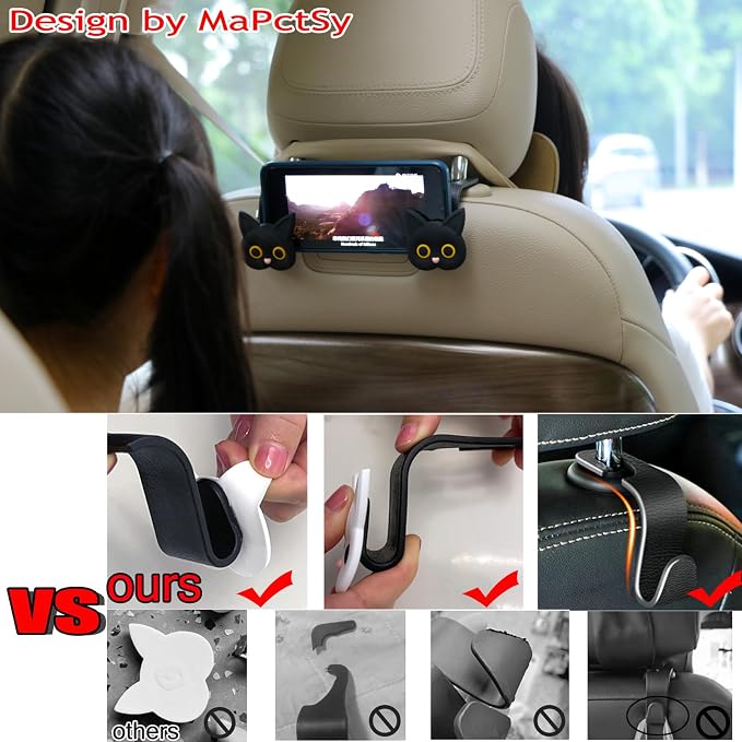 Car Seat Headrest Hooks,2 Pack Black Cute Cartoon Cat Hook 360° Rotation Heavy Duty Car Purse Hook Hanger for Bags, Coats, Umbrellas, Groceries, Universal Vehicle Fit