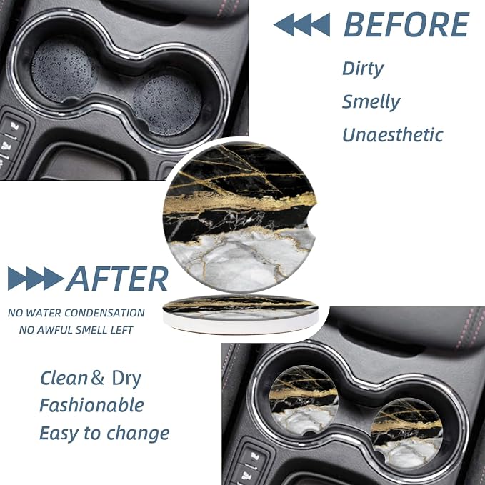Cup Holder for Car,Black Gold Marble Print Ceramic Coasters Non-Slip Cup Holder Insert with Fingertip Grip, Auto Interior Accessories for Women & Men,Pack of 2, 2.56In