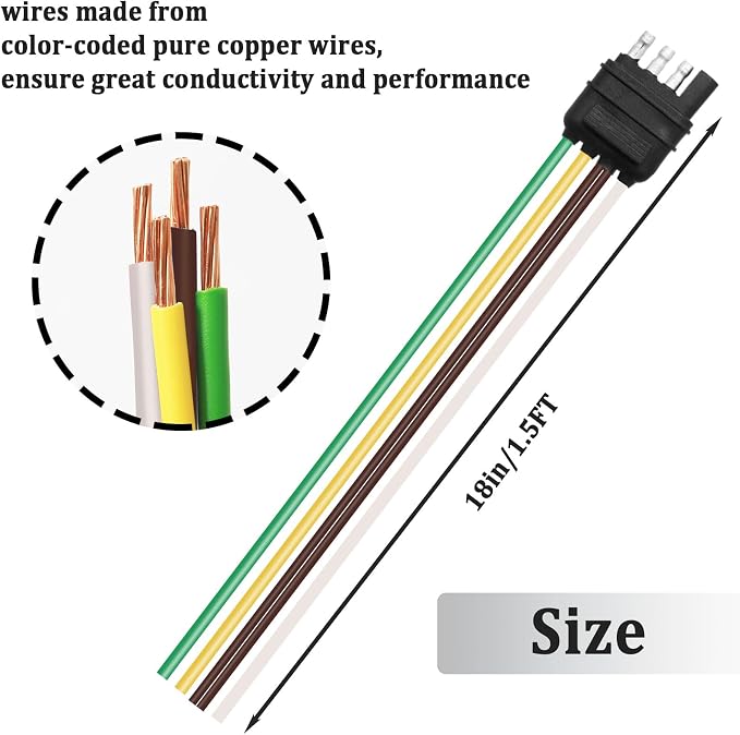 4-Way Flat Trailer End Connector 18 Inch,4 Pin 5 Wire Trailer Wiring Harness,4 Pin Truck Connector with Dust Cover