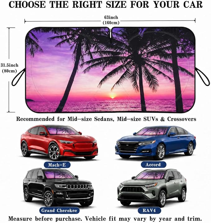 Car Windshield Sun Shade, Universal Fit Midsized Sedan SUV, Vacation Style | 63 x 31.5" Windshield Cover, Foldable Front Window Sunshade, UV Heat Protection
