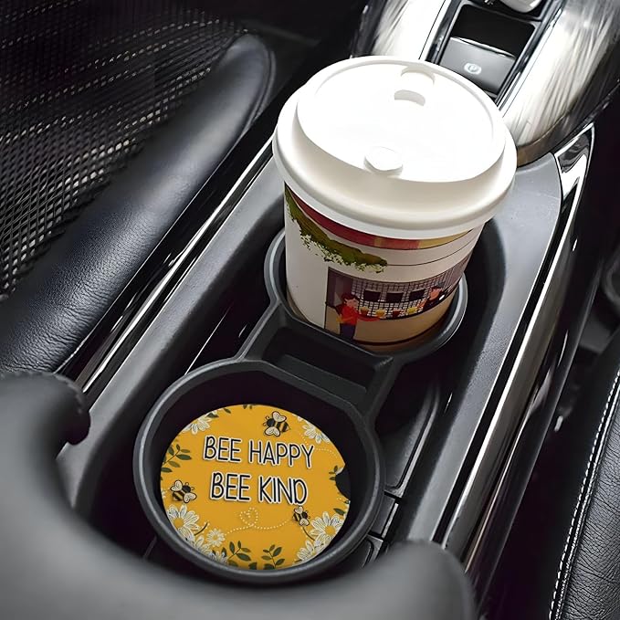 Bee Happy Bee Kind Daisy Absorbent Ceramic Car Coasters 2 Pack Round Insert Cupholder Coaster Car Cup Holder Mat with Finger Notch Anti-Slip Cork Base Reusable Drink Coasters 2.56 in