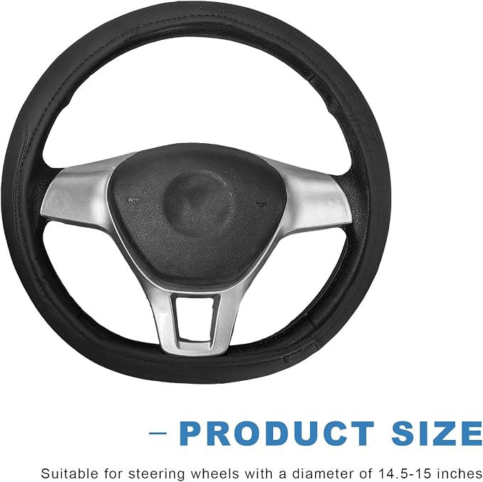 Sun Walker Steering Wheel Cover, Breathable Leather Steering Wheel Covers with Perforated Sides, Anti-Slip Comfortable Grip Auto Sleeve for 14.5-15 Inch Wheels, Car Accessories (Black)