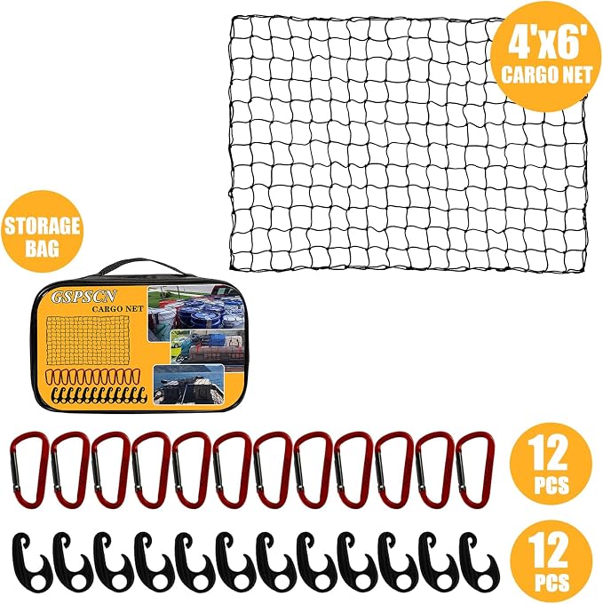 GSPSCN Cargo Net 6' x 4' for Truck Pickup Bed, Trailer,Boat,RV SUV Stretched to 12'x18' Max Roof Rack Net, 4”x4” Mesh Heavy Duty Bungee Cord Netting Compatible with Dodge Ram,Chevy Ford,Toyota