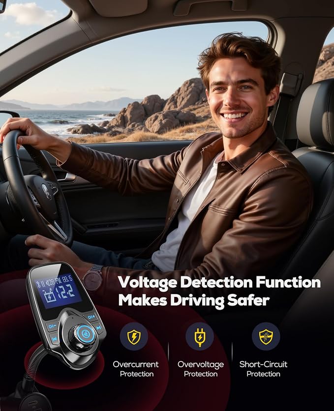 Nulaxy KM18 Plus Bluetooth 5.4 Car Adapter with 48W Fast Charging PD 30W & QC3.0 18W, 1.44" Screen Wireless Radio FM Transmitter with Flexible Gooseneck, Supports Hands-Free Call, TF Card & AUX, Black