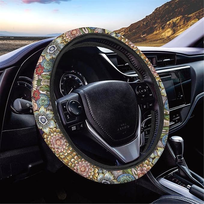 AFPANQZ Boho Floral Bright Blossoms Car Steering Wheel Covers for Womens Anti-Slip Comfortable Stretch-on Steering Wheel Protector Cover Sweat Absorption Cover Car Accessories