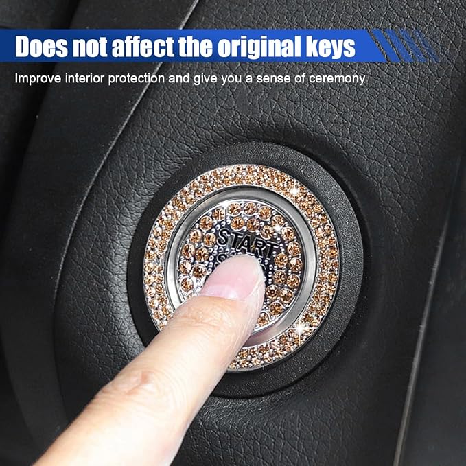 Bling Crystal Car Engine Start Ring Sticker, Sparkling Rhinestone Push Start Button Decorative Cover, Anti-Scratch Key Ignition & Knob Bling Ring Car Interior Accessories for Women (Orange)