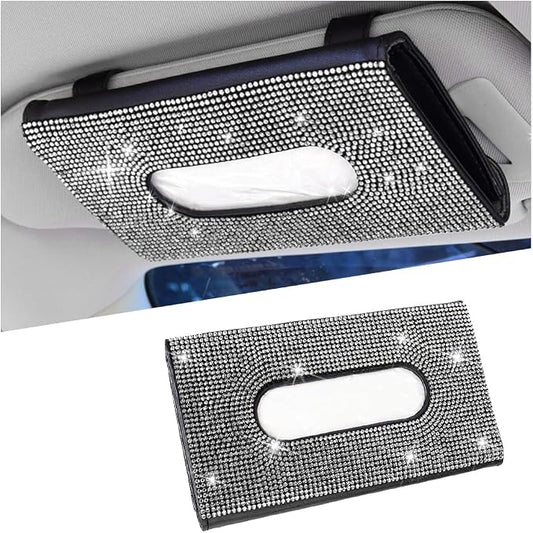 Bling Car Tissue Holder for Sun Visor, Crystal Rhinestone Leather Vehicle Paper Towel Case, Glitter Diamond Auto Napkin Clip Accessories for Women, Universal for SUV, RV, Truck (White/Black)