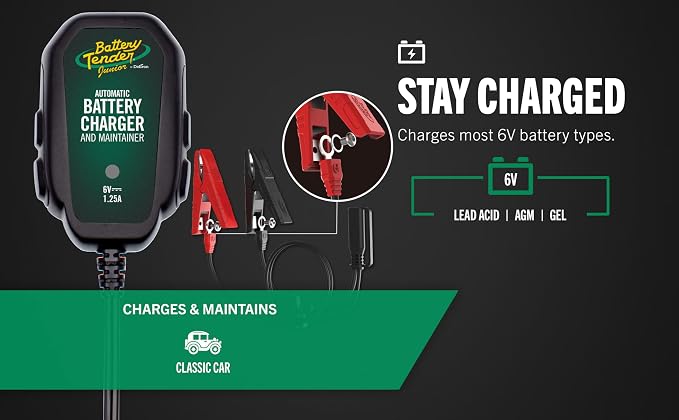Battery Tender Junior 6V, 1.25 AMP Battery Charger and Maintainer: Fully Automatic 6V Automotive Battery Charger for Cars, Motorcycle, ATVs, and More - 022-0196