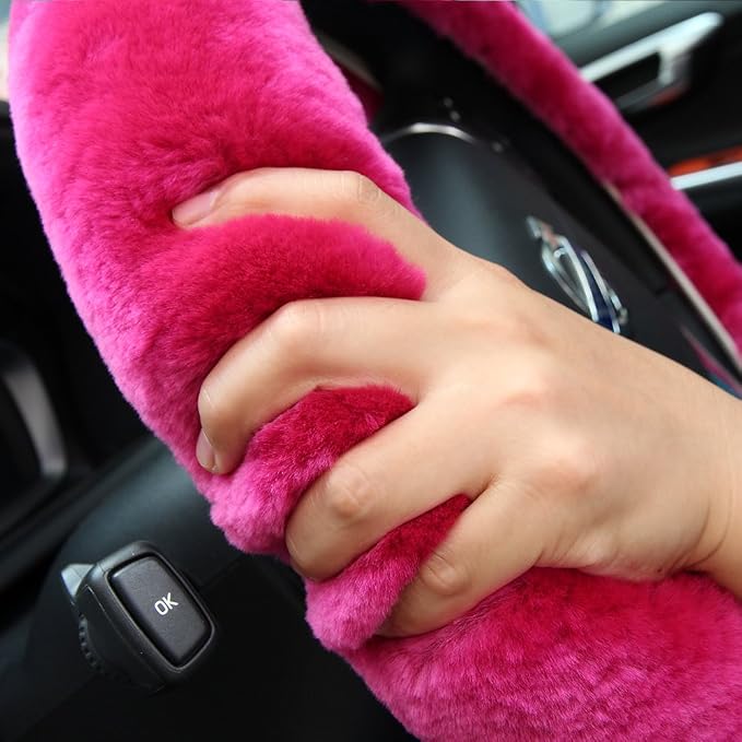 Genuine Fur Fur Wool Sheepskin Fuzzy Blue car Steering Wheel Cover, Fluffy Soft Protector for Universal Steering Wheel 14 1/2-15 1/2inch, Anti-Slip, Soft (Blue)