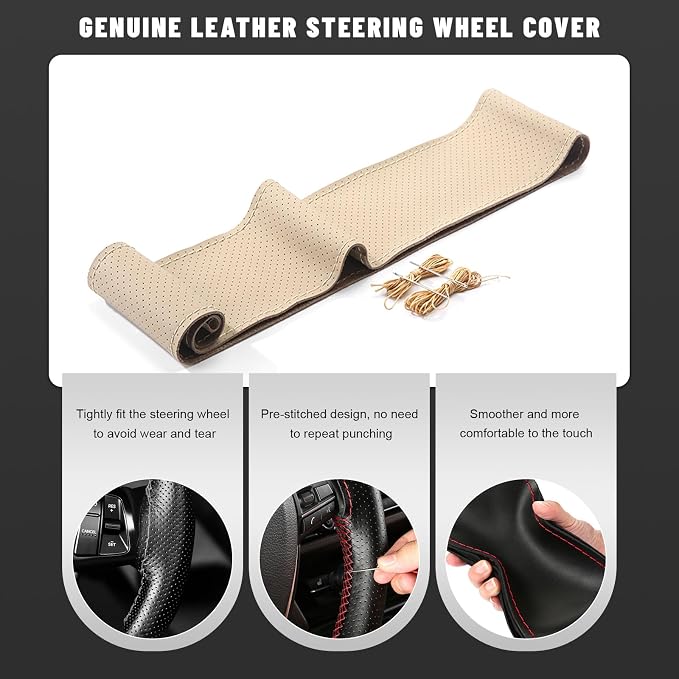 Genuine Leather Steering Wheel Cover, 15 Inch Stitch on Steering Wheel Protector with Needle & Thread, Anti-Slip DIY Sewing Wheels Wrap for Most Vehicles (Beige, Full Hole)