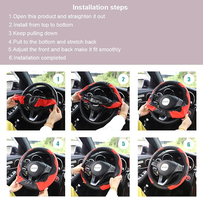Ultra Fine Carbon Fiber Leather Steering Wheel Cover, Anti Slip and Sun Protective Protect The Steering Wheel, Easy to Install,Universal of 14.5"-15" (Red)