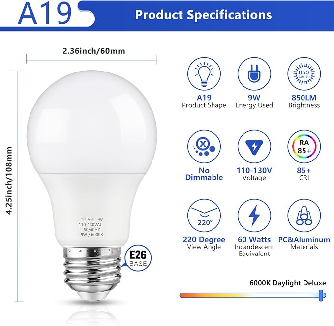 Maylaywood A19 LED Light Bulbs, 60 Watt Equivalent, 6000K Cool White, 850LM, Non-Dimmable, E26 Base, 9W Bright White LED Bulbs, 4-Pack