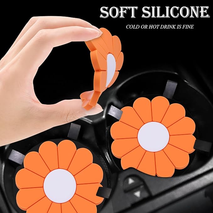 2-Pack Car Cup Holder Coaster Inserts, Daisy Shape, 2.75 Inch Non-Slip Silicone Cup Holder Insert, Universal Non-Slip Cup Holders, Car Accessories Interior for Women and Man (Orange)
