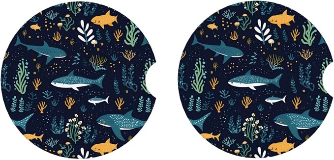 Whale Shark Underwater Sea Life Absorbent Ceramic Car Coasters 2 Pack Round Insert Cupholder Coaster Car Cup Holder Mat with Finger Notch Anti-Slip Cork Base Reusable Drink Coasters 2.56 in