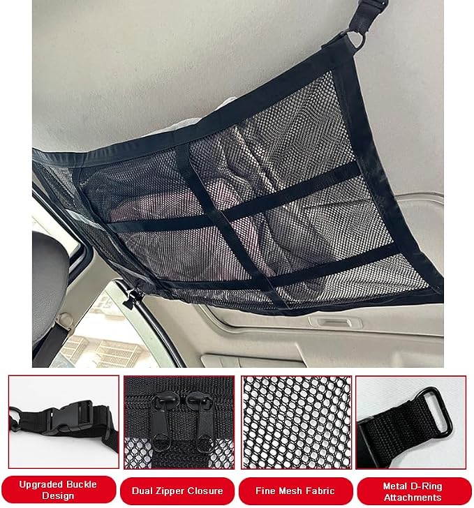 Car Ceiling Cargo Net Pocket for Honda Odyssey 2011–2025, Large Capacity Double-Layer Overhead Storage with Zipper, Easy Item Organization for Road Trips,A 70X50cm