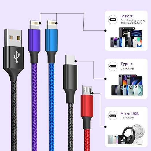 Dual IP 4 in 1 Multi Charging Cable, 1 Pack 5FT USB Charging Cord | IP/IP, USB C & Micro Ports, Nylon Braided Phone Charger Cable for Multiple Devices, Car & Travel Essentials