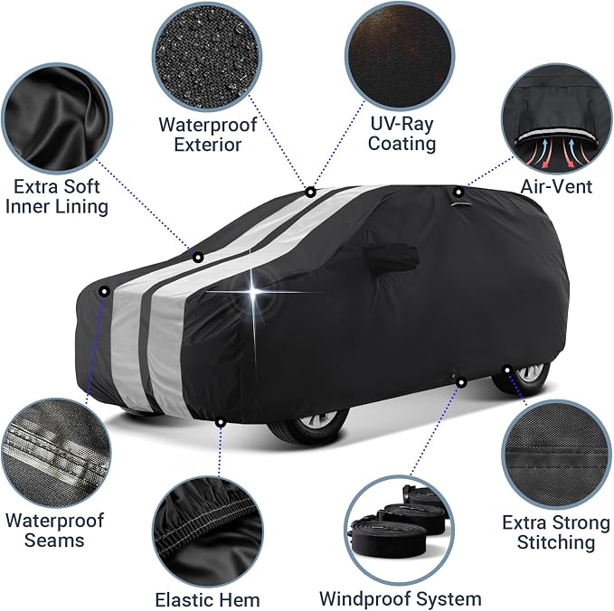 iCarCover Premium Heavy Duty SUV Car Cover - Waterproof All Weather Rain Snow UV Protection, Excursion, Navigator L, Escalade ESV, Suburban, Yukon XL, Size S58 (See Size Chart) Stripe - Black/Gray